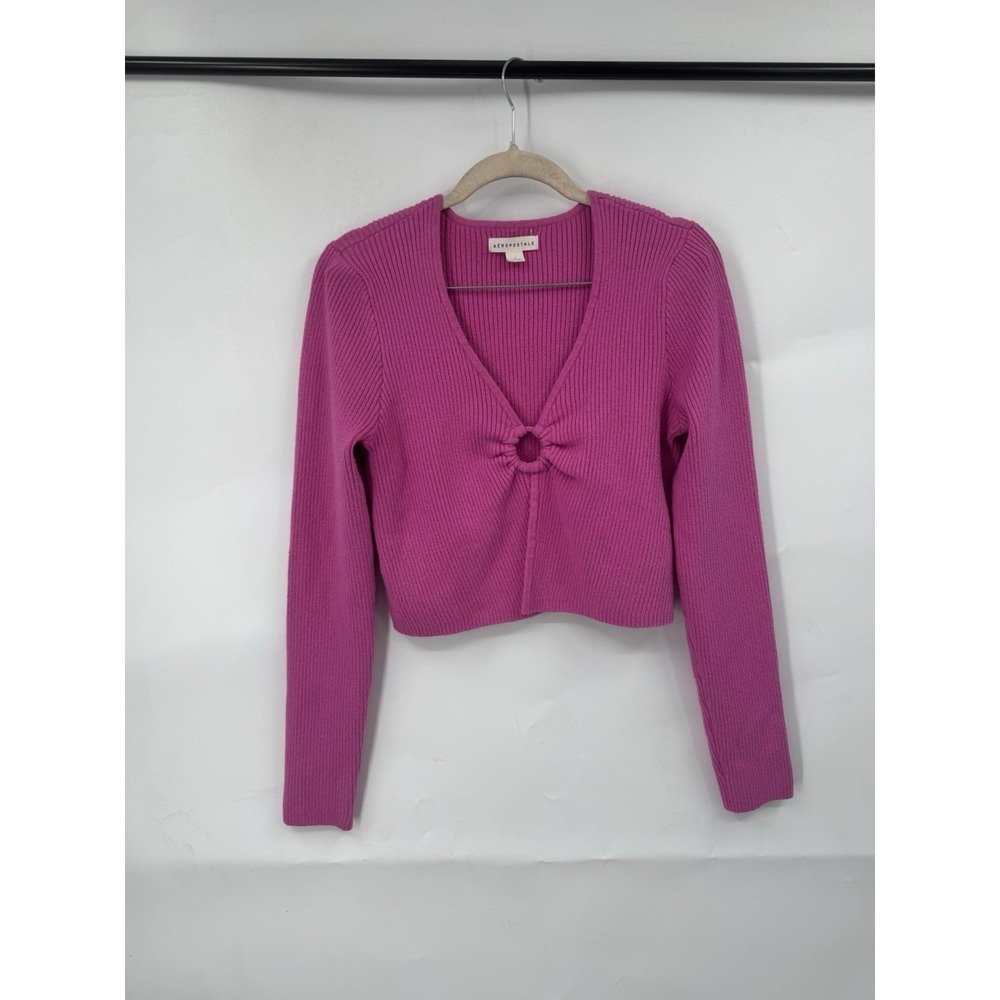 Aeropostale Ribbed‎ Keyhole Cropped Flyaway Sweater Women L Pink Preppy Coquette